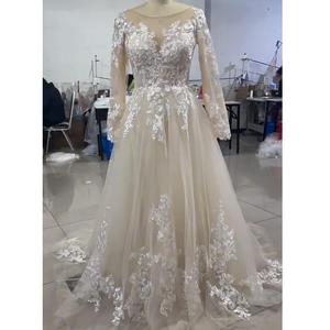 2024 Casual Long Sleeve a Line Wedding Dress Women's Round Neck Lace Appliques Beach Bohemian Party Robes Boho Lace Bridal Gown - Product Image 2