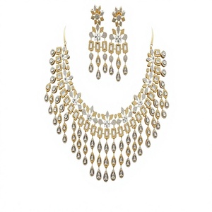 Chic Gold Plated <b>Crystal</b> Rhinestone Necklace and Earring <b>Set</b> with Pear Cut Stones Flower Design Classic Wedding Jewelry - Product Image 2
