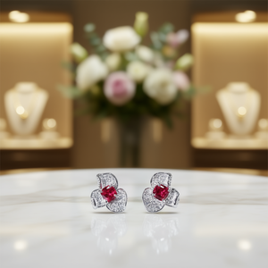 Orecchini a lobo di lusso in oro bianco con rubino, a forma di fiore, con diamanti taglio principessa e montatura a griffe, gioielli da sposa da donna - Product Image 2