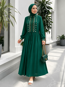 <span class=keywords><strong>Abaya</strong></span> da donna musulmana con coulisse in vita, ricami, maniche a lanterna e tasche - Vestito lungo islamico modesto - Product Image 6