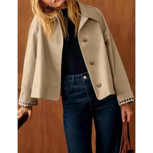 Manteau trench pour femme, coupe courte, surdimensionné, boutonné, manches longues, col à revers, vêtement décontracté pour l'automne - Product Image 2