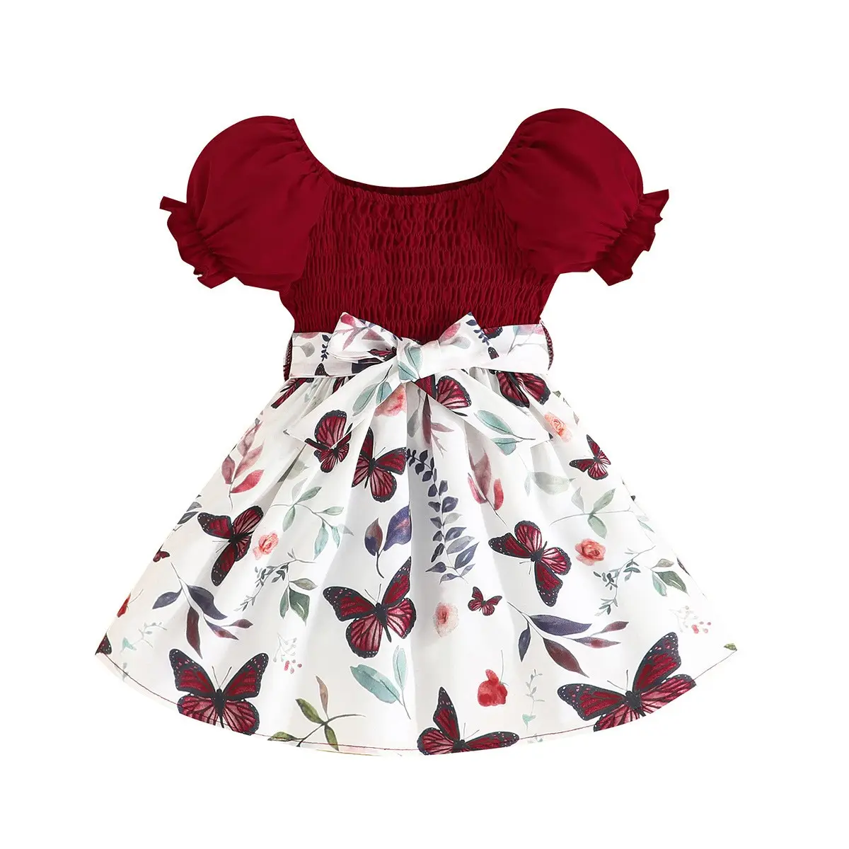 2024 yeni varış kırmızı renk önlüklü bebek elbise, kısa kollu kabarcık kollu yaz çocuk kız giysileri