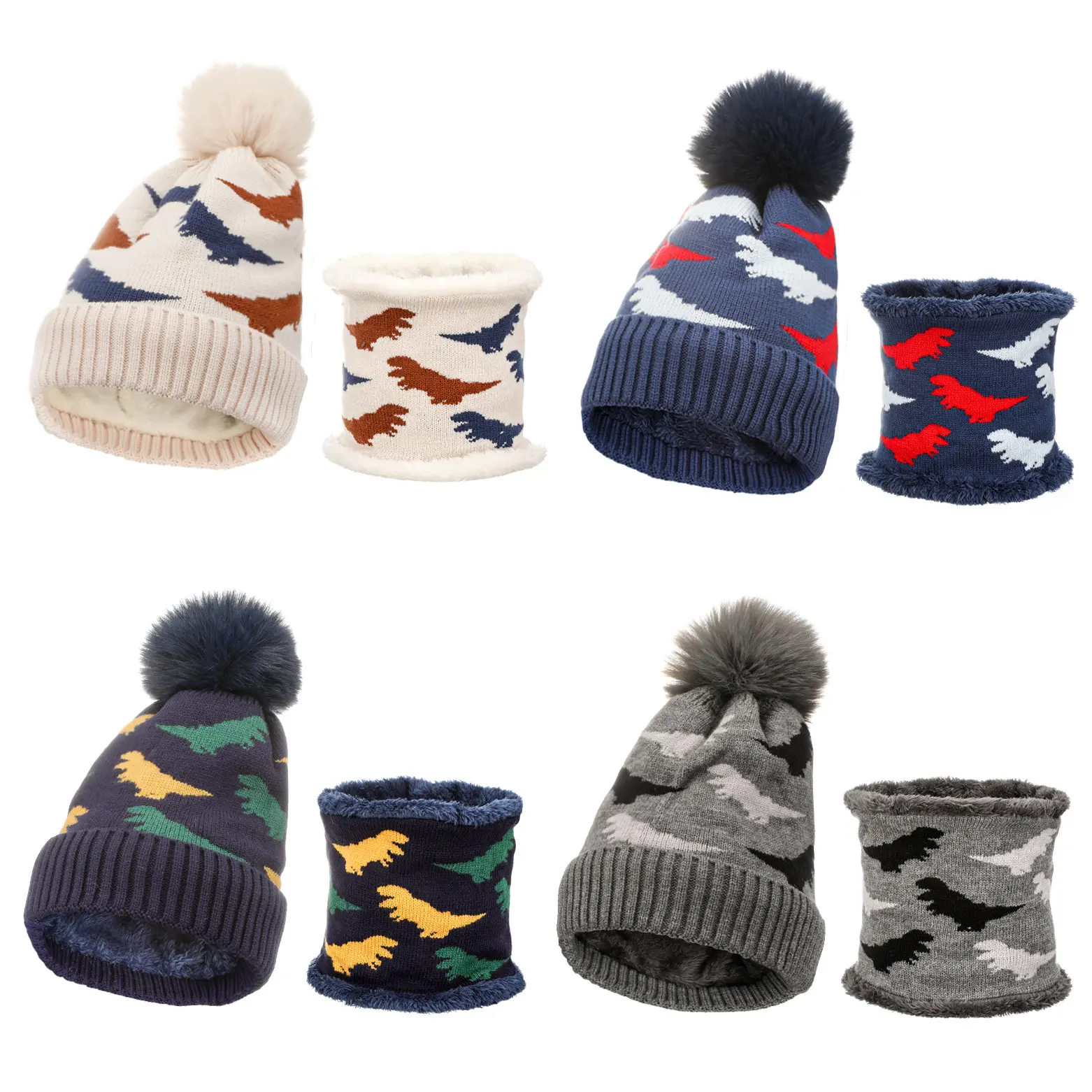 ファッション冬の新しい子供用ポンポン帽子スカーフツーピースジャカード恐竜ニット帽子幼児プラスベルベット暖かいスーツ