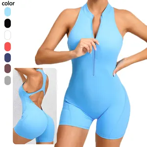 12 Colors Woman Sexy Racer Back Yoga Romper Front Zipper 1 Piece Yoga Sets Bodysuits Scrunch Butt Active Wear Fitness Jumpsuit