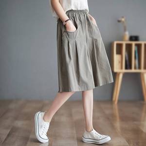 Cotton Linen Wide Leg Cropped Pants Women Summer Loose Fit Mid Length Casual Solid Color Khaki Plus Size Straight Leg Pants - Product Image 3