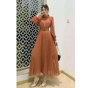 DD7281 2021 nuevo diseño coreano de manga larga de Color sólido cinturón de cintura delgada vestido largo vestidos ropa venta al por mayor 8