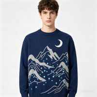 Pull en tricot à col rond brodé de montagnes et de paysages aquatiques vintage, pull décontracté pour homme, doux et chaud, design paysage naturel