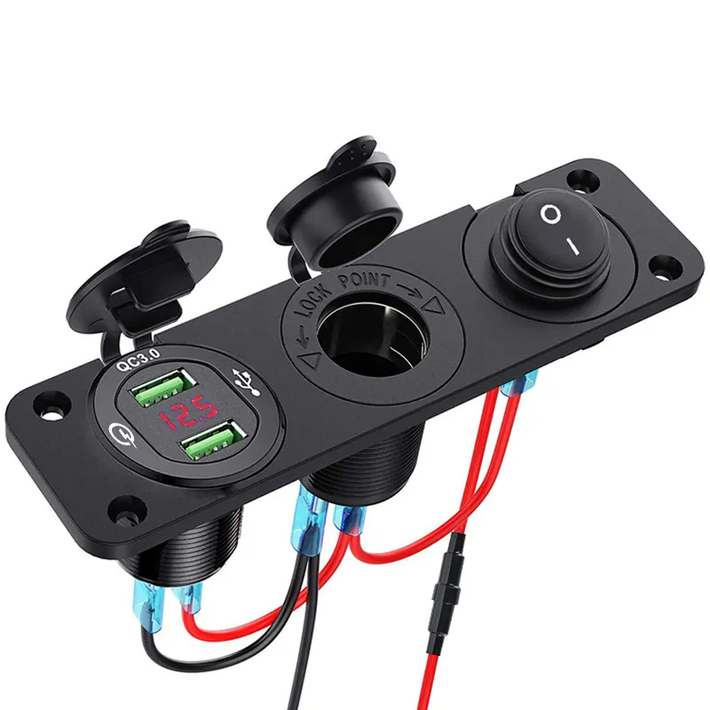 Dual Car USB Charger Cigarette Lighter Socket Power Outlet Adapter with Voltmeter Switch for Car Marine Boat RV Truck