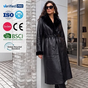 Elegante <span class=keywords><strong>Cappotto</strong></span> Reversibile in Pelle e Pelliccia per Donna |   Giacca Lunga Nera con Cintura e Collo in Pelliccia, Elegante Capospalla Caldo per l'Inverno - Product Image 1