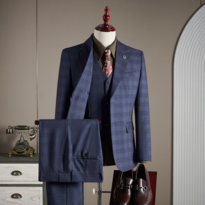 Ensemble de <span class=keywords><strong>costume</strong></span> d'affaires élégant à <span class=keywords><strong>carreaux</strong></span> <span class=keywords><strong>3</strong></span> pièces pour <span class=keywords><strong>homme</strong></span>, simple boutonnage, décontracté, pour garçons d'honneur, avec pantalon à braguette zippée - Product Image 3