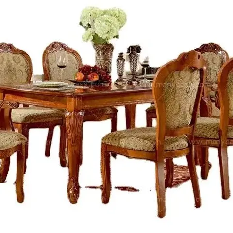 סט שולחן אוכל למטבח מעץ מלכותי פרוקר עיצוב אירופאי עתיק עם 6 כסאות לשימוש בדירה ביתית או בחדר אוכל במלון