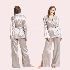 Gümüş gri ipek pijama bayan 2 adet gecelik ev giysileri uzun kollu ipek pijama gece elbisesi kadınlar için