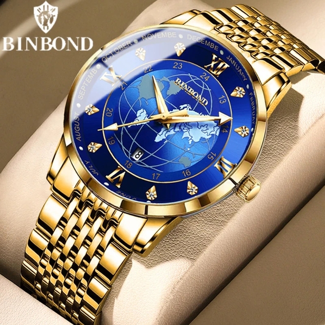 Binbond 0117 Hot Sell Fashion Stainless Steel Round Dial Design Men's Gold Map Watch Waterproof Luminous Luxury Watch Men