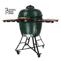 Barbecue Kamado en céramique SEB 24 pouces en acier inoxydable avec chariot, dispositif de sécurité anti-épuisement d'oxygène, commande par bouton, charbon de bois pliable