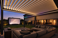 Pergola Bioskop Luar Ruangan Aluminium RKOVE RK-C3 5x6m, Bangunan Taman, Paviliun Malam Film di Halaman Belakang, 2 Layar ZIP RGB