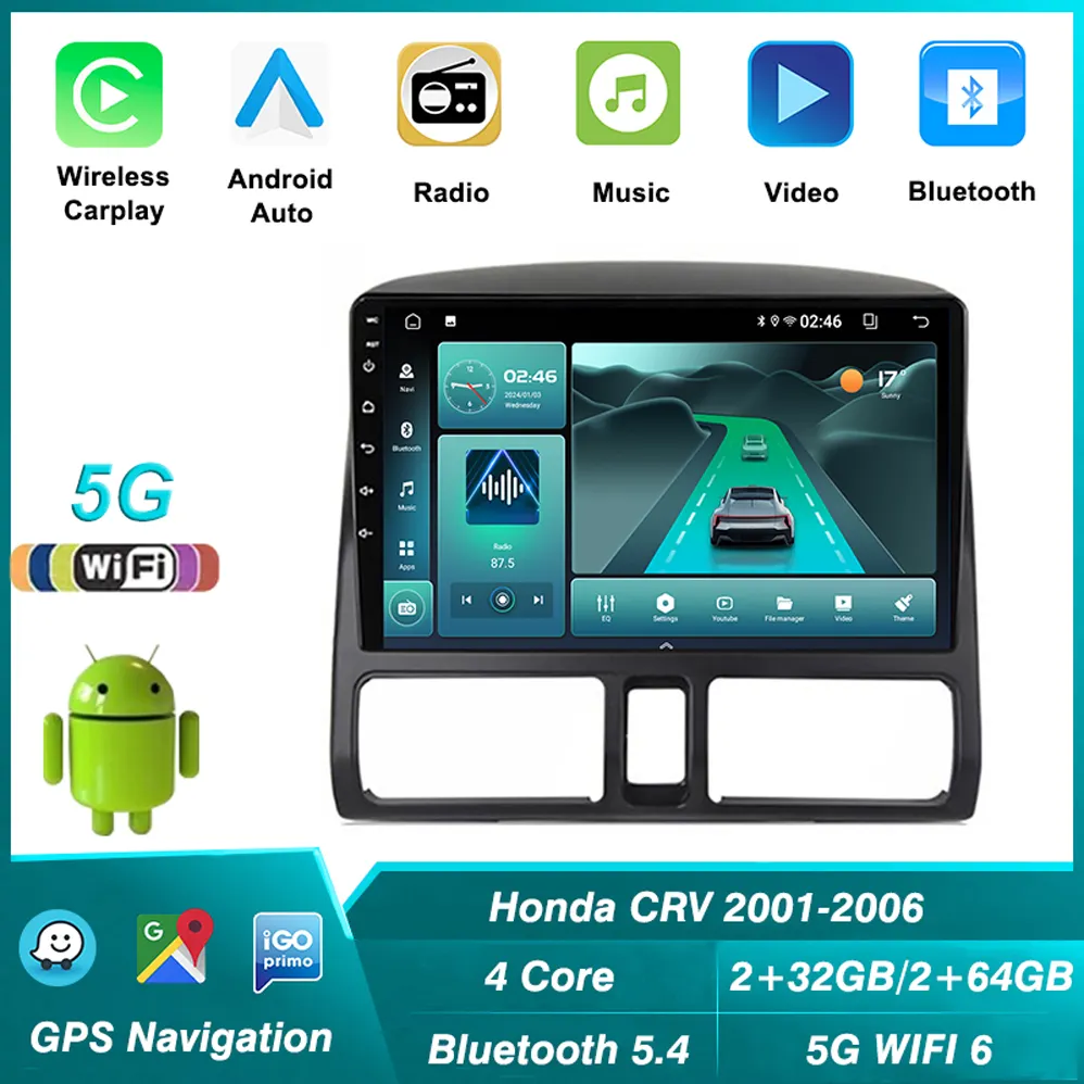 New Head Unit Android Auto Radio 2DIN for Honda CRV 2001-2006 Multimedia dvd GPS Navigation Stereo 5G-WIFI with Car Player