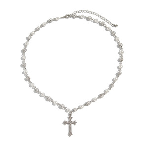 Collana con Ciondolo a Croce con Strass per Uomo, Catena con Perle Finte, Gioielli Religiosi Hip Hop, Regali - Product Image 5
