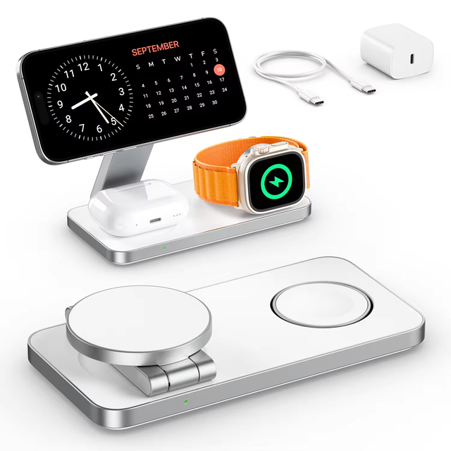 3 in 1 Foldable Travel Wireless Charger Dock 10W Fast Charging Station with USB Input for Apple Devices Magnetic Stand
