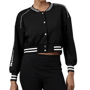 Black Cropped Bomber <b>Jacket</b> <b>for</b> <b>Women</b> Contrast Stripe Track <b>Jacket</b> Casual Sports Outerwear - Product Image 1