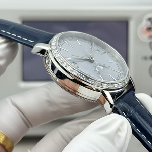 Premium Luxury White Dial Silver <b>Case</b> Baguette Diamond Bezel Mechanical Wristwatch Men Moonphase Blue Strap Timepiece - Product Image 2