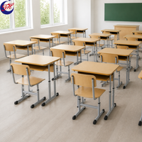 Ensemble de bureau et chaise d'étudiant pour salle de classe moderne avec structure tubulaire en acier, finition couleur bois, hauteur réglable, design écologique