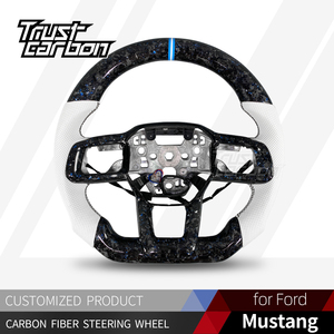 Accessoires intérieurs pour <span class=keywords><strong>Ford</strong></span> <span class=keywords><strong>Mustang</strong></span> 2018-2025 ST RS <span class=keywords><strong>GT</strong></span> GT500 GT350, volant personnalisé en fibre de carbone forgée bleu et blanc - Product Image 2