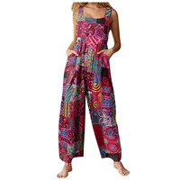 Combinaison sans col pour femme, style ethnique, élégante, respirante, imprimée patchwork, boutonnée, coupe ample, taille mi-haute, collection Printemps 2026