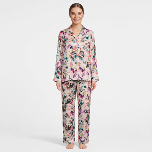 Customized Elegant 2-Piece Women's <b>Pajama</b> <b>Set</b> Soft Silk Satin Fabric Breathable Digital Floral Print Machine-Washable Sleepwear - Product Image 1