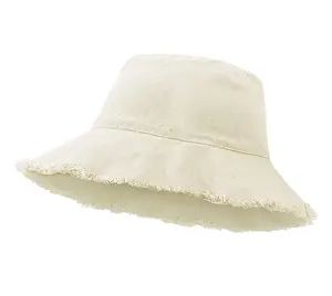 Womens Summer Beach Frayed Bucket UV Protection Foldable Distressed Sun Hat