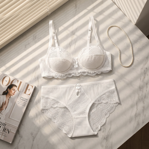 Conjunto de lencería de encaje blanco al por mayor para mujer, talla grande, sujetador push-up con aros y bragas, 2 piezas, lencería sexy transparente para mujer - Product Image 3