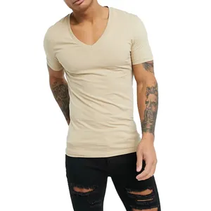 Herren V-Ausschnitt Design 95 Baumwolle 5 Ela stane Kurzarm Muscle Fit Beige T-Shirt