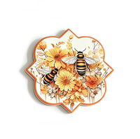 Sous-plat en céramique personnalisé avec imprimé abeille et fleur aquarelle, dessous de plat vintage floral irrégulier en forme de feuille de trèfle résistant à la chaleur pour cuisine