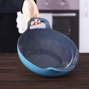Juegos de <span class=keywords><strong>wok</strong></span> chino de alta calidad, utensilios de cocina redondos grandes de hierro fundido, cazuela holandesa esmaltada con cubierta de madera - Product Image 4
