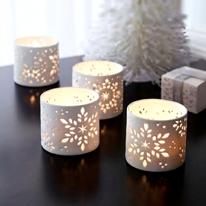 Round White <b>Tea</b> <b>Light</b> <b>Holder</b> with Snowflake Pattern Heat Resistant Reusable for Christmas Home Decoration - Product Image 1