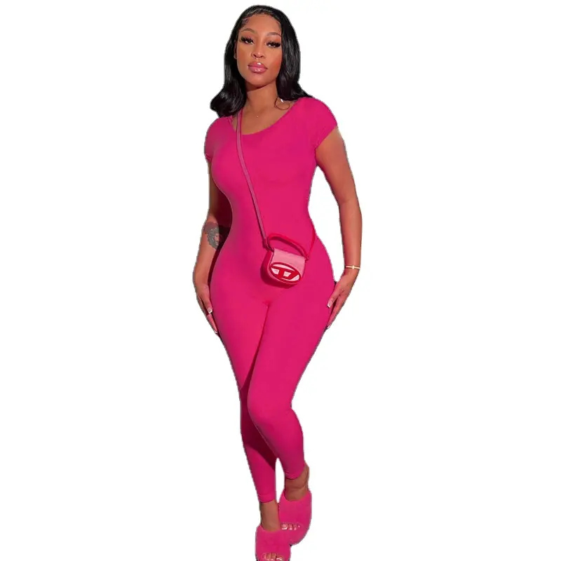 neue sommermode damen jumpsuits solide farbe kurze Ärmel rückenfrei sport fitness jumpsuit einteiliger strampler