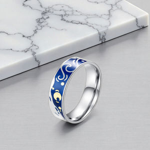 कलात्मक रोमांटिक जोड़े वैन गॉग के स्टाररी आकाश जोड़े रिंग कला छात्र तेल चित्रकला स्टार आकाश टाइटेनियम स्टील की अंगूठी - Product Image 5