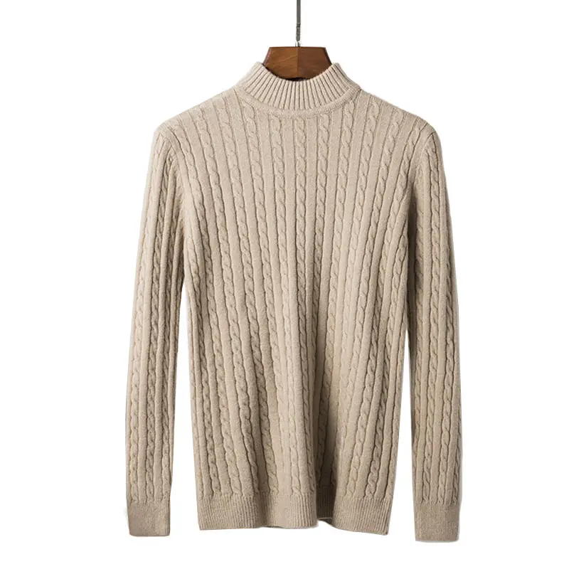 Men Cashmere Sweater Men Cable Knit Half High Collar Cashmere Wool Sweater