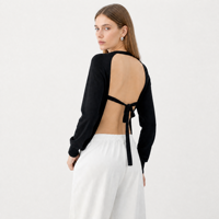 Cardigan en laine mérinos pour femme, personnalisé ODM/OEM, dos ouvert, col rond, manches longues, à nouer dans le dos, noir, vente en gros d'usine