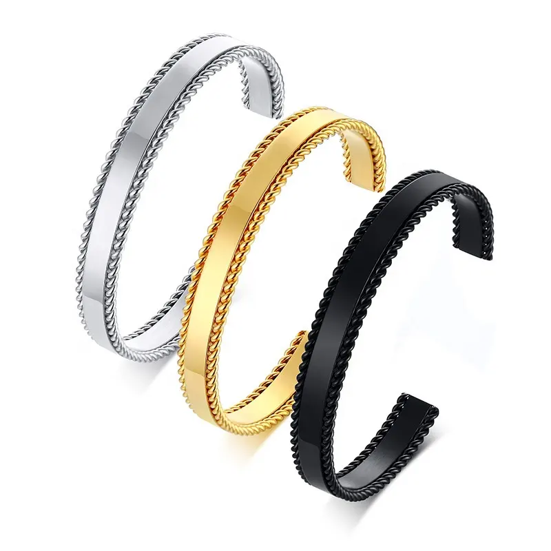 Fashion Pvd Gold Plated Stainless Steel Smooth Twist C Opening Bracelet Bangle Jewelry For Men