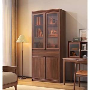 <b>Solid</b> <b>Wood</b> Walnut Bookshelf With Glass Doors Floor Standing Modern Study Room Display Cabinet <b>Bookcase</b> - Product Image 4