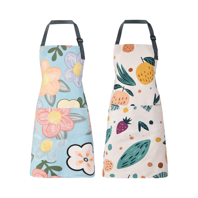 Women's Floral Cotton Sleeved Chef Bib Aprons Adjustable Kitchen BBQ Grill Sustainable 2 Pockets for Cleaning