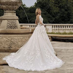 Lace A-Line Wedding Dress Deep V-Neck Long Sleeves Floral Print Fitted Natural Waistline Light Train Elegant Forest Style - Product Image 2