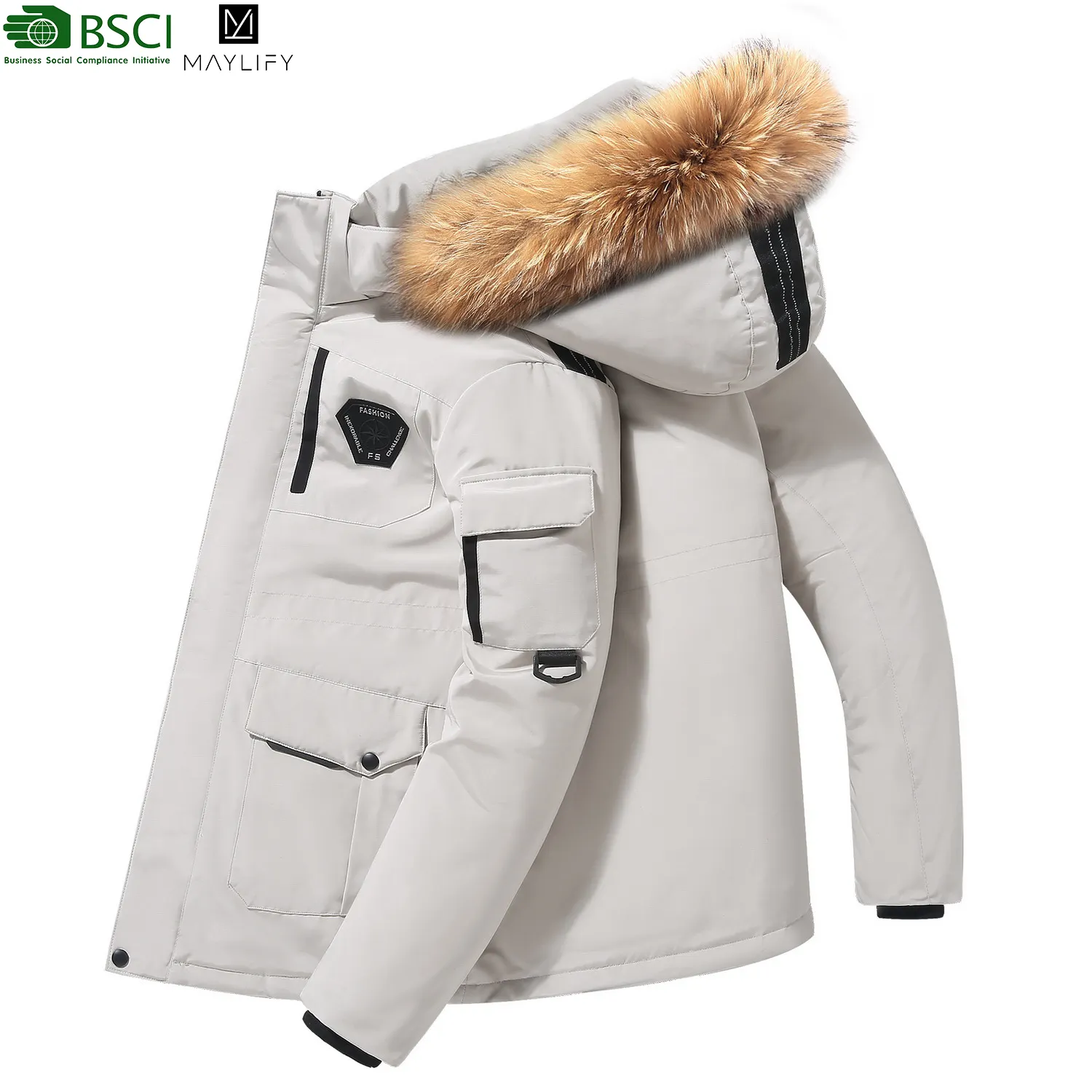 Cachemire personnalisé 300G hiver col épais décontracté duvet de canard blanc vestes à bulles avec fourrure vers le bas manteaux hommes veste bouffante