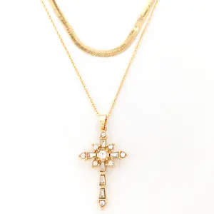 Fashion jewelry multi layered gold plated snake chain diamond cross pendant necklace for women