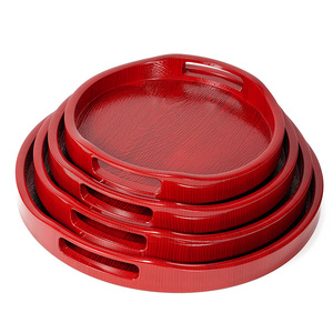 Round <b>tea</b> <b>tray</b> with handle and non-slip painted double sword series imitation wood round wood grain <b>tray</b> - Product Image 4