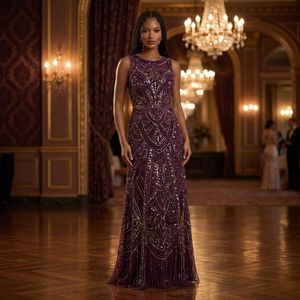 Vestido de noche morado con lentejuelas, cuello redondo, sin mangas, largo hasta el suelo, moderno, de satén, estilo vintage - Product Image 5