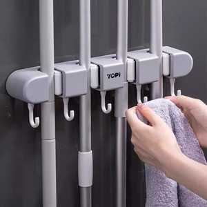 <b>Mop</b> Clip Wall Mounted Storage Holder Hook Gray And White Punch Free Kitchen Bathroom Organizer 5 Hooks - Product Image 2