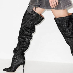 Bling Super Wide Top Women Over Knee High <b>Boots</b> Pointed Toe Shoes Long Booties Stilettos Full Diamonds High Heels - Product Image 3
