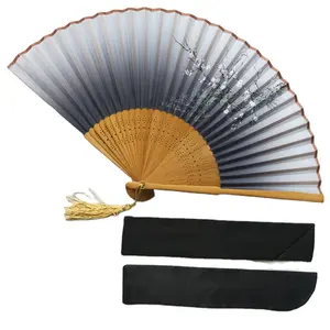 Custom Design Business Gift Japan Tassels Bamboo Silk Folding Fan With Cloth Bag