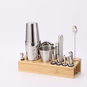 Ensemble d'outils de bar en acier inoxydable de haute qualité 19 pcs Boston Shaker Set Barman Kits avec support en bambou - Product Image 1